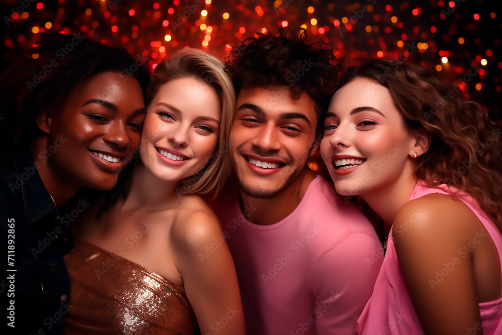 Group of Young Friends Smiling Together in a Vibrant Nightclub Environment Group of Young Friends Smiling Together in a Vibrant Nightclub Environment