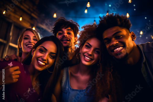 Group of Young Friends Smiling Together in a Vibrant Nightclub Environment