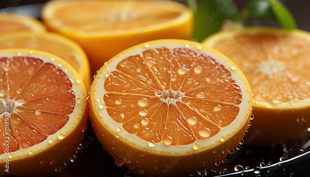 Freshness and vitality in a vibrant, juicy, citrus fruit slice generated by AI Freshness and vitality in a vibrant, juicy, citrus fruit slice generated by AI