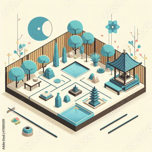 Isometric illustration of a stylized Asian garden with pagoda, ponds, and blue trees in a serene setting