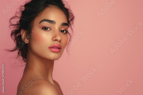 Beautiful Indian woman with pink lips and eye shadow on the pink background with copy space