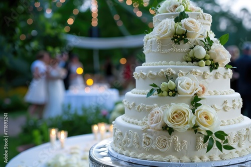 A sun lit, elegant wedding cake decorated with delicate roses, displayed in a serene garden setting..
