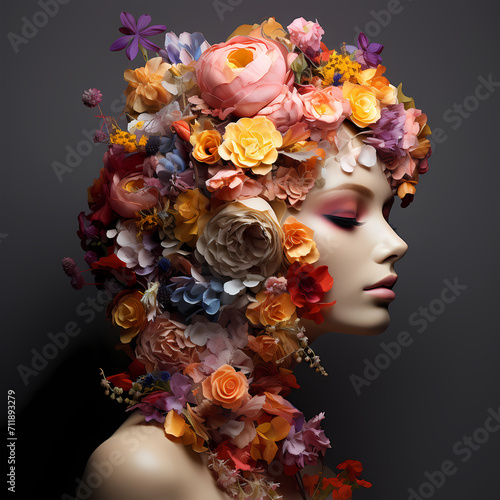 A beautiful woman's face with flowers and plants around