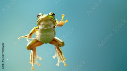 Green frog on the pastel background. 29 february leap year day concept