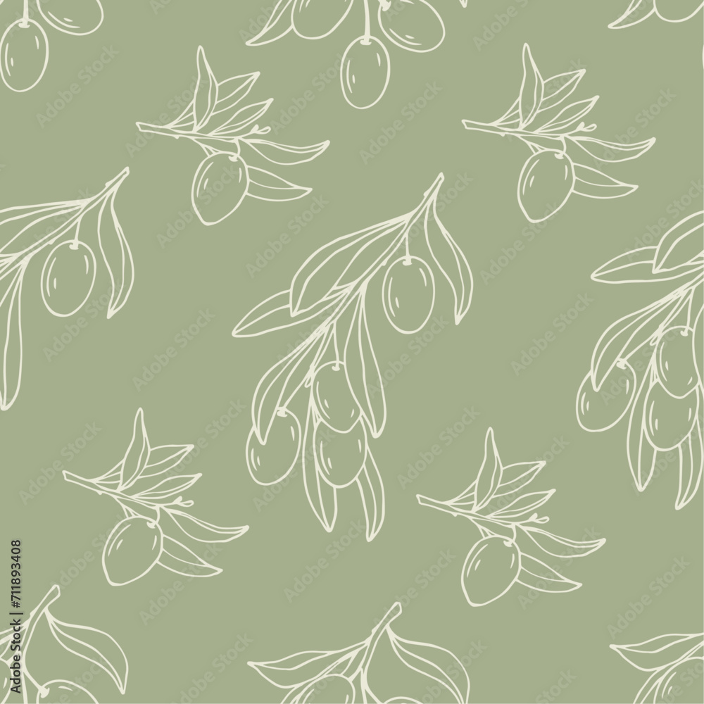 Fototapeta premium Seamless pattern with olive branches, leaves and berries.Vector graphics.