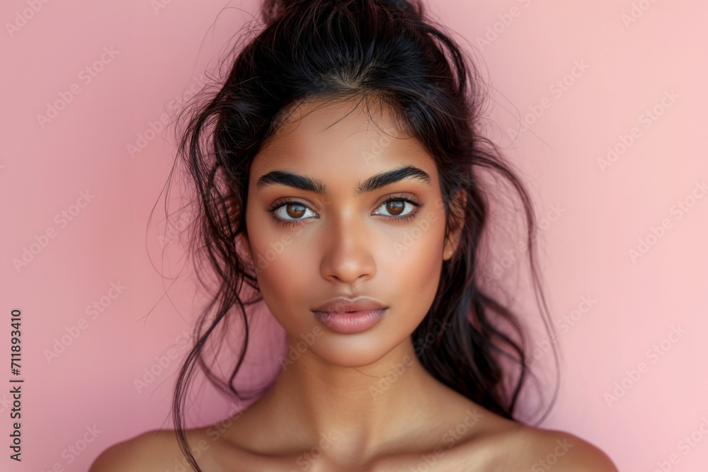 Beautiful Indian woman with pink lips and eye shadow on the pink background Beautiful Indian woman with pink lips and eye shadow on the pink background