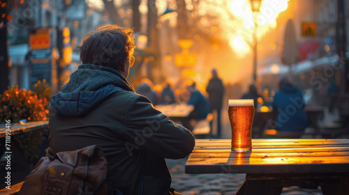 A broken heart man is relaxing at beer festival.