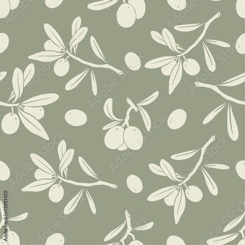 Seamless pattern with olive branches  leaves and berries.Vector graphics.