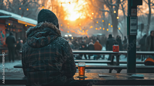 A broken heart man is relaxing at beer festival.