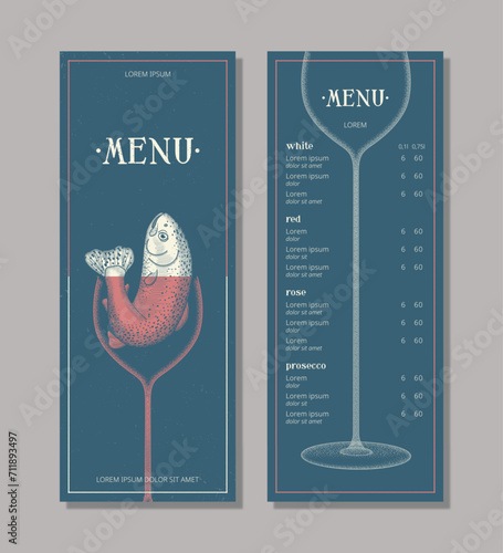 Seafood restaurant menu design. Wine list, engraving style. Fish in wine glass,  vector brochure template