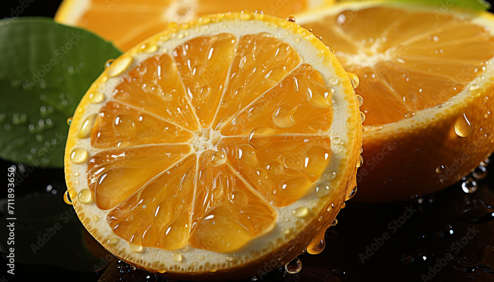 Freshness of citrus fruit, slice of lemon, wet drop, nature refreshment generated by AI Freshness of citrus fruit, slice of lemon, wet drop, nature refreshment generated by AI