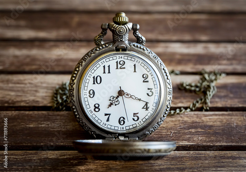 An antique pocket watch lies on a wooden table top view