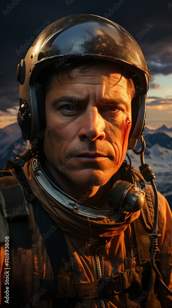 Portrait of a male pilot in a helmet with a scratch on his face Portrait of a male pilot in a helmet with a scratch on his face