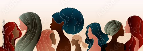 Group silhouette of multicultural women. International women's day. Diversity - inclusion - equality or empowerment concept. Anti racism or stop discrimination. Banner copy space photo