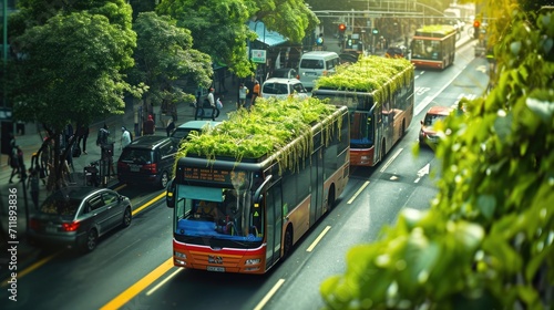 A city bus embellished with lush green plants cruises the streets  showcasing an innovative blend of public transportation and green living to reduce carbon footprint..