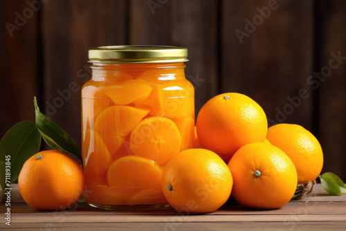 Canned oranges. Jar with canned orange and fresh oranges on a wooden table  