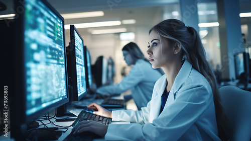 an image of a woman scientist using AI algorithms to analyze genomic data and develop personalized treatments for patients in a genetics research lab 