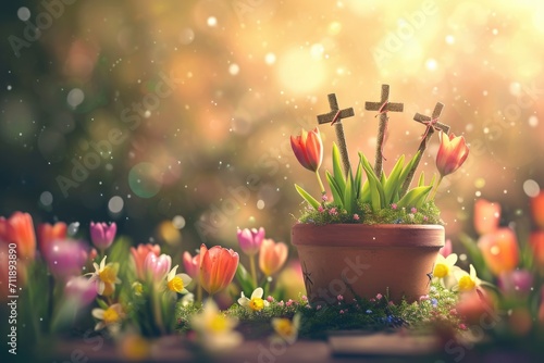  Vibrant Easter Resurrection Scene with three Crosses Amidst Spring Blooms