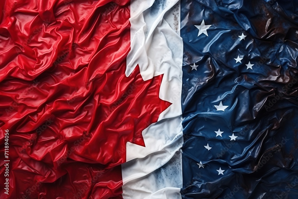 US and Canadian flags wrinkled together US and Canadian flags wrinkled together