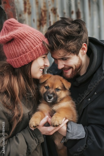 An affectionate couple in winter attire lovingly holds a young puppy between them, symbolizing love and the beginning of a new friendship..