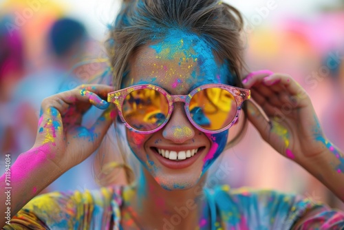 Happy festival-goer in vibrant paint and reflective sunglasses.