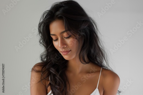 Beautiful young Indian woman takes care of her skin, posing over grey background