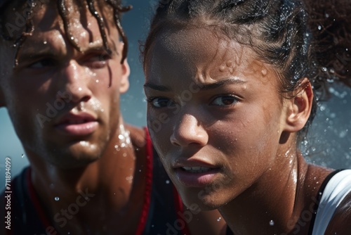Intense focus on two athletes' faces, glistening with sweat. photo