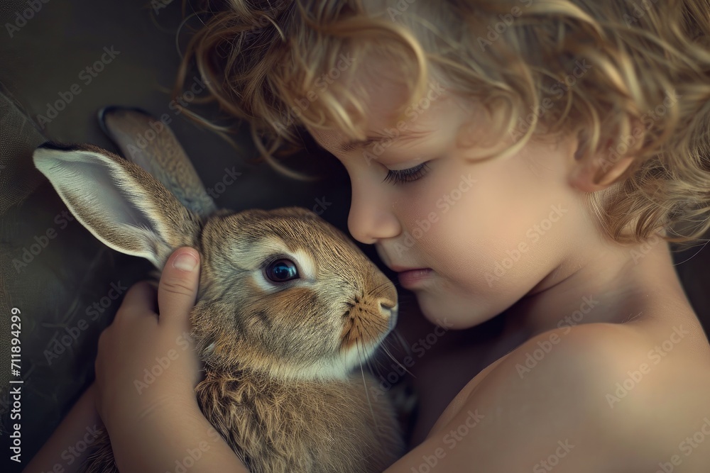 A curious toddler cradles a soft domestic rabbit, their young skin glowing in the warm indoor light, while a gentle smile graces their human face A curious toddler cradles a soft domestic rabbit, their young skin glowing in the warm indoor light, while a gentle smile graces their human face