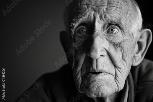 An elderly man's aged skin is etched with a lifetime of wrinkles, his surprised expression revealing the depth of his human experience in this striking monochrome portrait photo