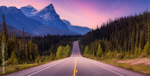 Scenic road in the Canadian Rockies. Sunset. Icefields Parkway, Banff photo