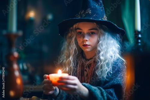Portrait of Little girl witch in witches hat with candle makes a spell. Halloween concept