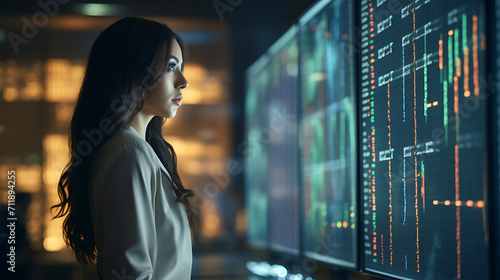 an image showcasing a woman in a sleek office environment, seamlessly integrating AI algorithms to analyze complex financial data for investment decisions
