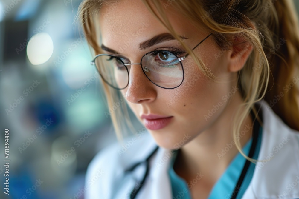 Focused medical professional analyzing data on a monitor.