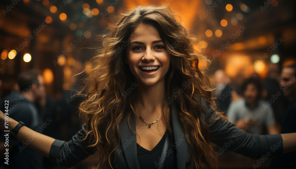 A young woman smiling, enjoying the nightlife, looking at camera generated by AI
