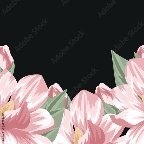 floral frame template for cards or banners consisting of an opened magnolia bud, green leaves and unopened buds on a black background, vector