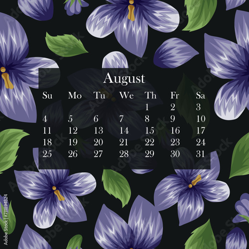 blooming calendar for the month of August 2024, which consists of opened buds of violets, green leaves and unopened buds on a black background, vector