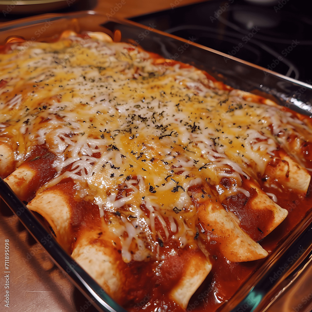 Prompt Enchiladas, smothered in red sauce, with a sprinkle of cheese, homestyle, warm, comforting light.--v6.0 Generative AI