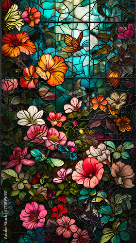 A lush and vibrant floral display on stained glass window  dark colours