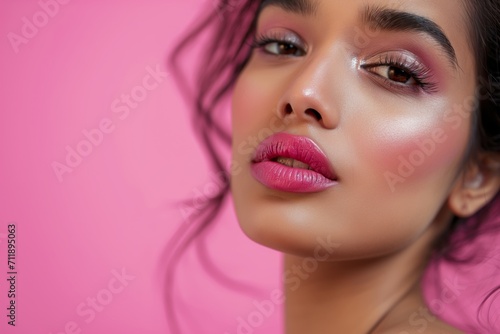 Beautiful Indian woman with pink lips and eye shadow on the pink background with copy space