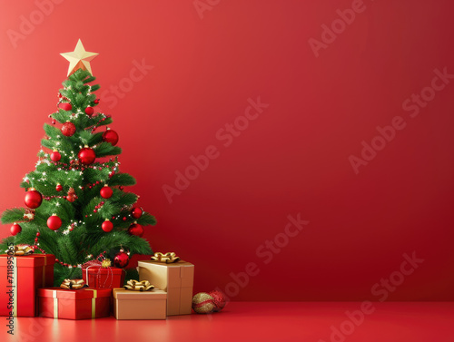 minimalistic Christmas tree and gift boxes against a Christmas backdrop.