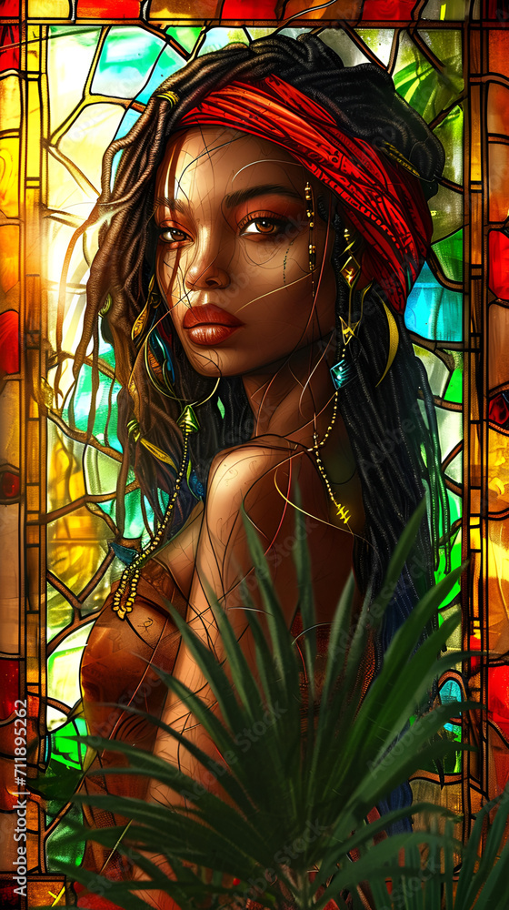 Portrait of a Colorful African rasta hip-hop pretty girl  on stained glass window, geometrical design