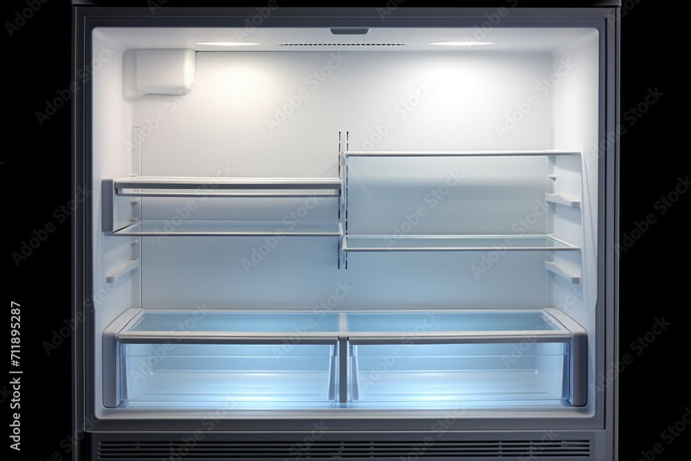 Clean, open appliance with shelves illuminated in blue. Clean, open appliance with shelves illuminated in blue.