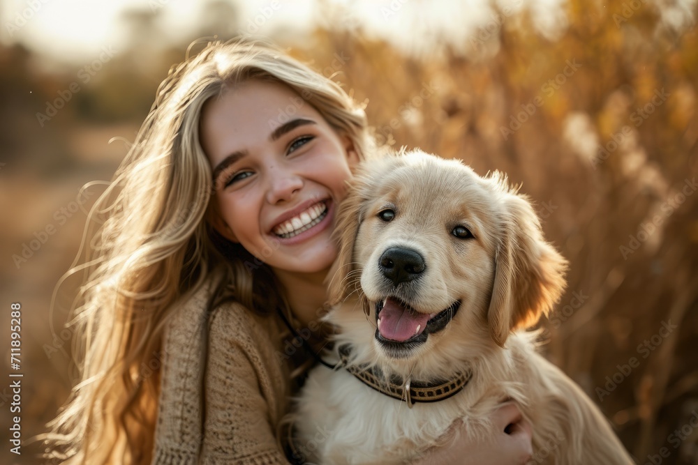 A joyful woman basks in the sunshine with her loyal brown companion, a dog of unknown breed, posing for the camera with a wide smile on her human face