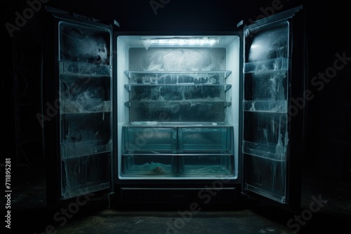 Modern fridge interior, spacious and unstocked, with LED lighting. photo