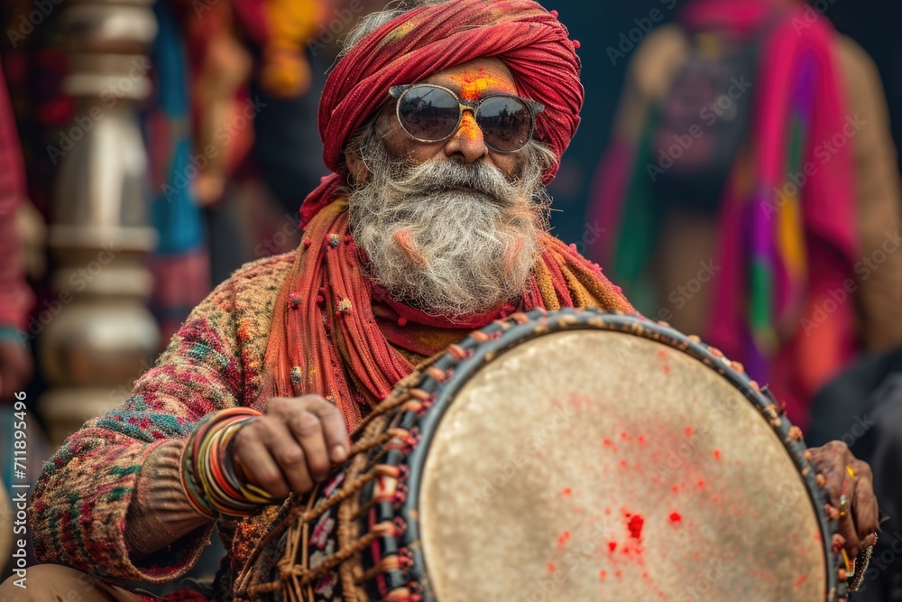 Color-smeared face of a man focused on his drumming at a celebration.
