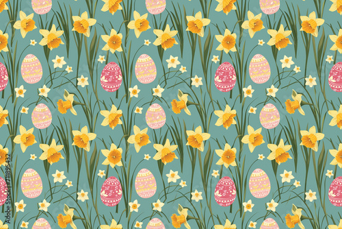 Seamless Easter pattern with flowers and eggs