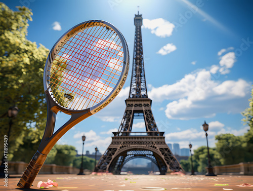 Badminton racket. Illustration with the Tower in the background in Paris. Badminton. Olympic Games 2024. © Daniel
