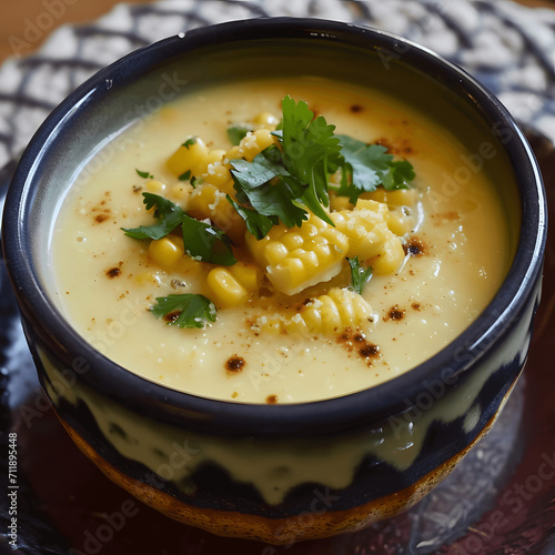Prompt Crema de Elote, creamy corn soup, in a bowl, simple and homely, soft, natural light.--v6.0 Generative AI