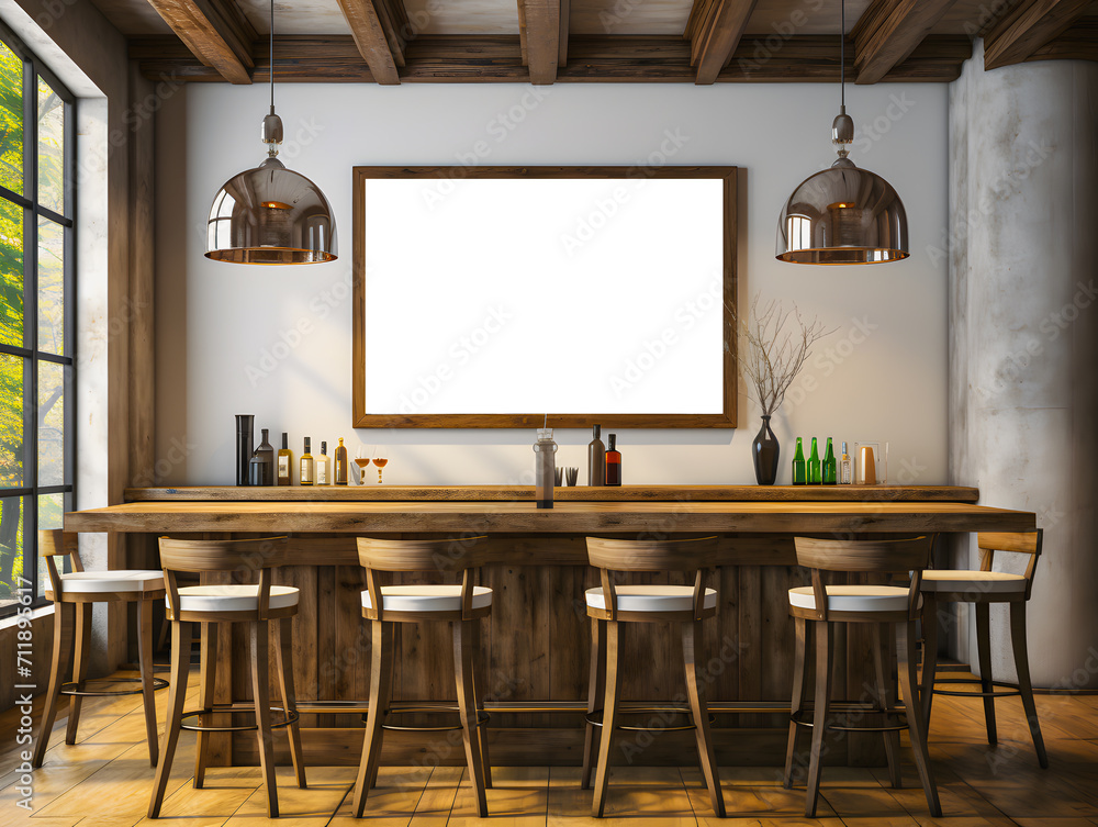 Bar chairs in a bar with white mock up poster frame on the wall. Generative Ai Bar chairs in a bar with white mock up poster frame on the wall. Generative Ai