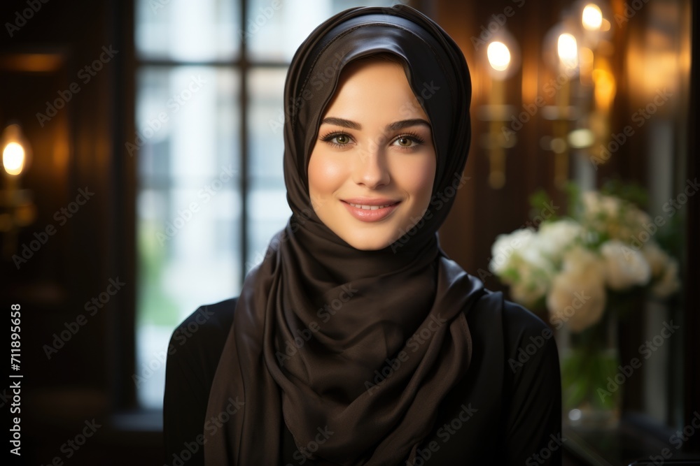 In this closeup portrait, an Asian woman in a hijab exudes confidence and cultural pride, making a powerful statement about her identity In this closeup portrait, an Asian woman in a hijab exudes confidence and cultural pride, making a powerful statement about her identity